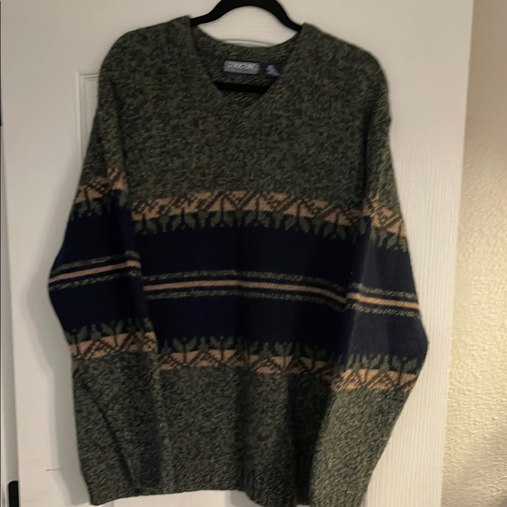 Structure Green and Blue V-Neck Sweater